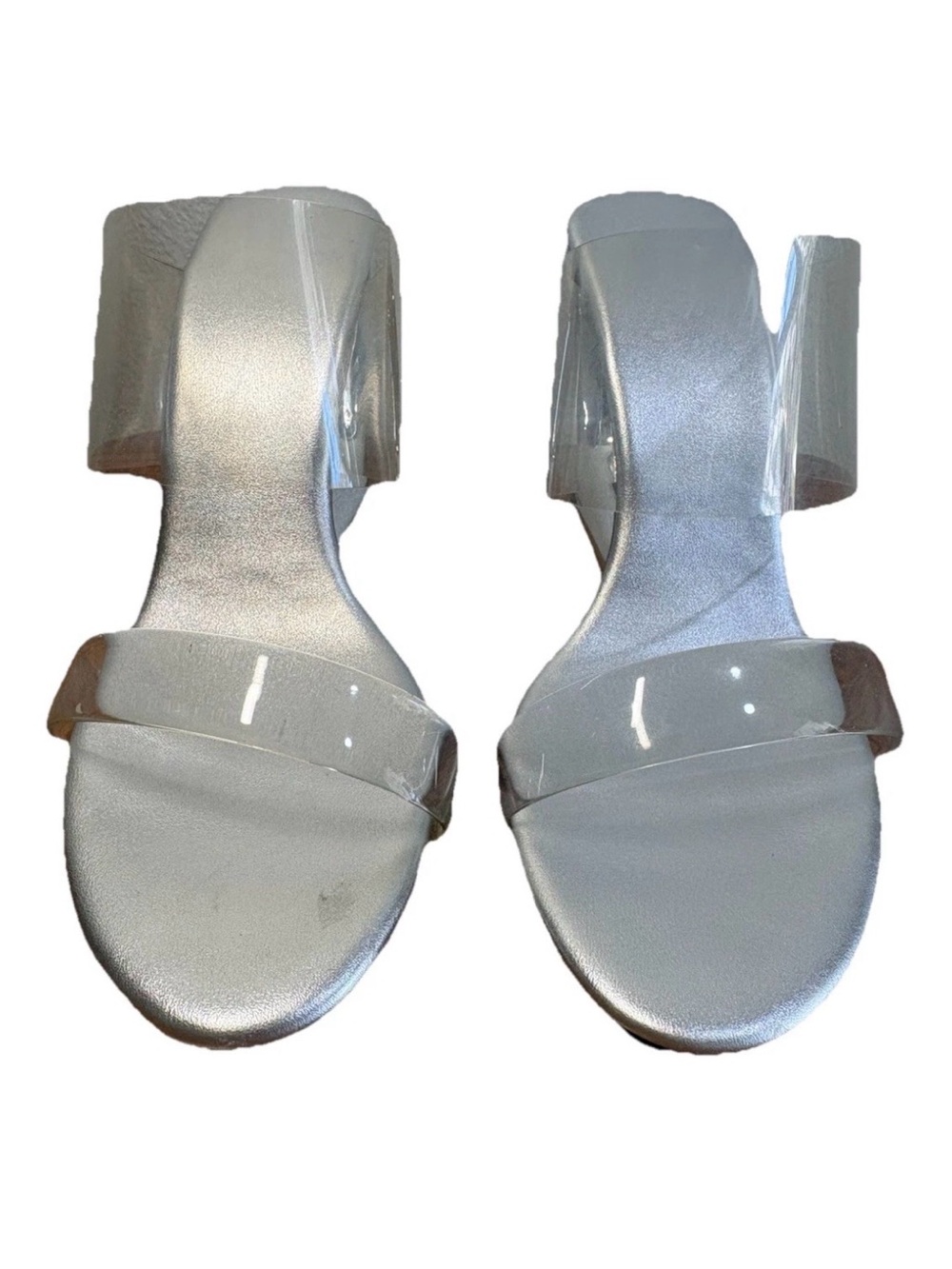 Sleek Metallic Silver Sculpted 3” Wedge Slides Chic Clear Straps Gorgeous Size 6